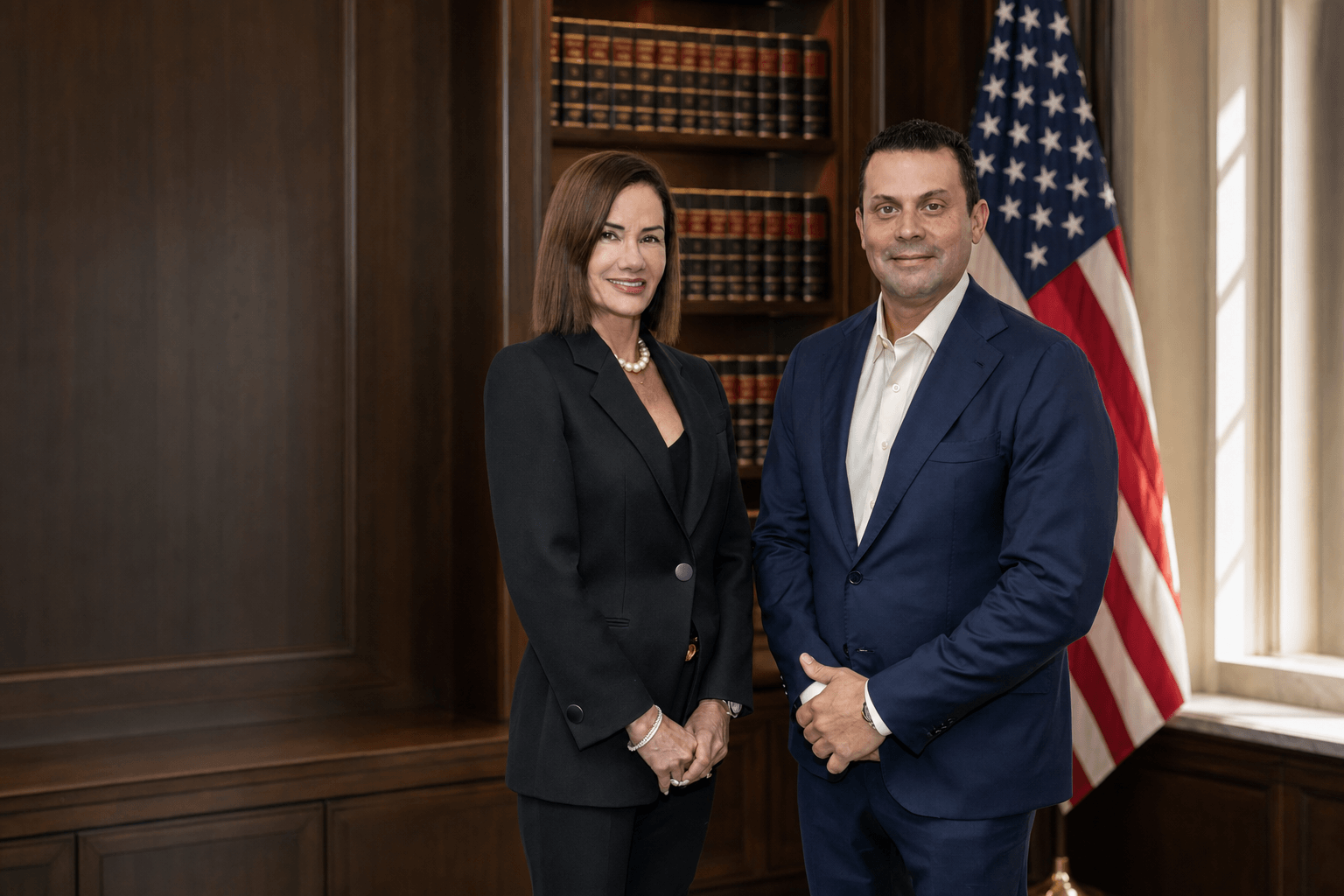 Abogados de GMC Immigration en una biblioteca legal con la bandera de Estados Unidos