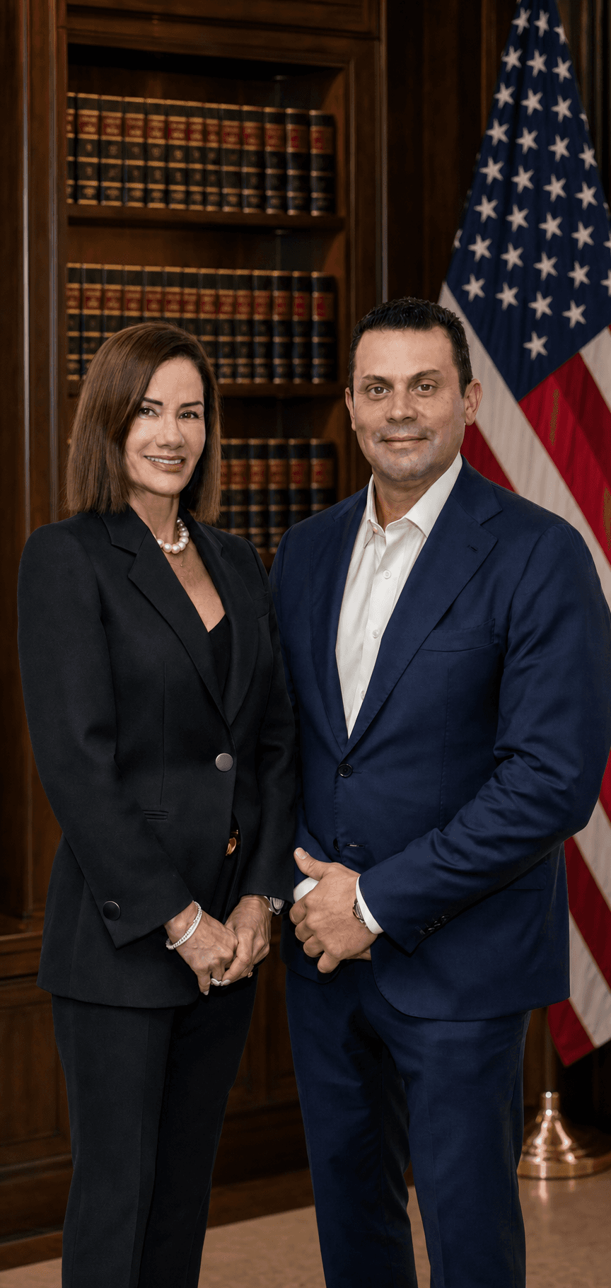 Abogados de GMC Immigration con la bandera de Estados Unidos en una biblioteca legal