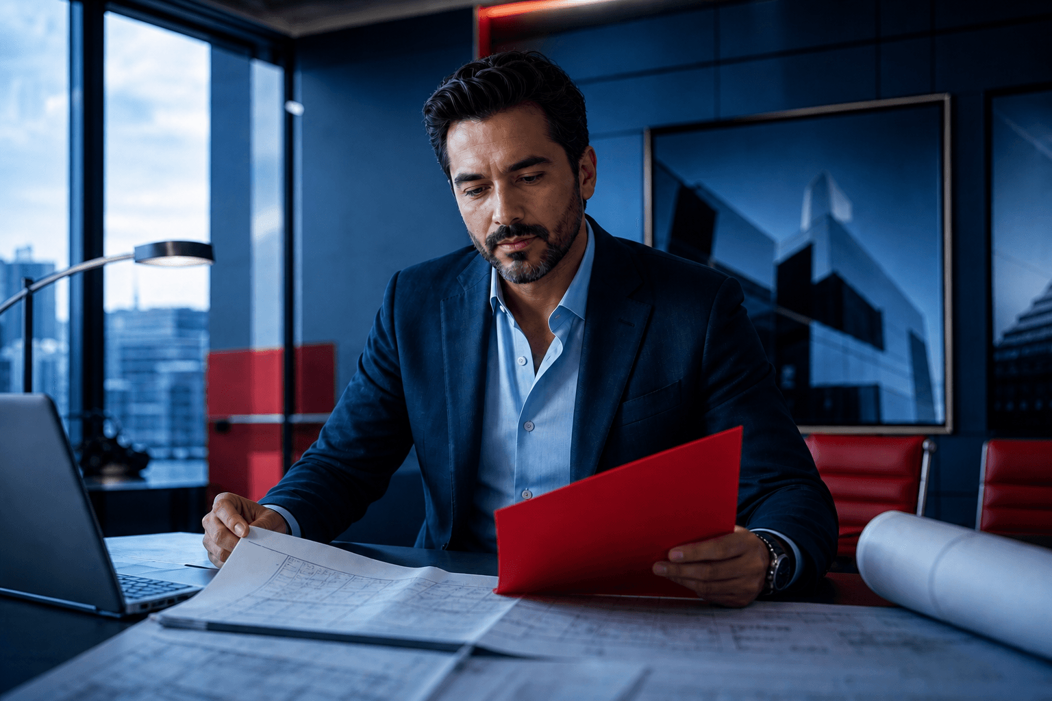 Empresario revisando planos y documentos de inversión