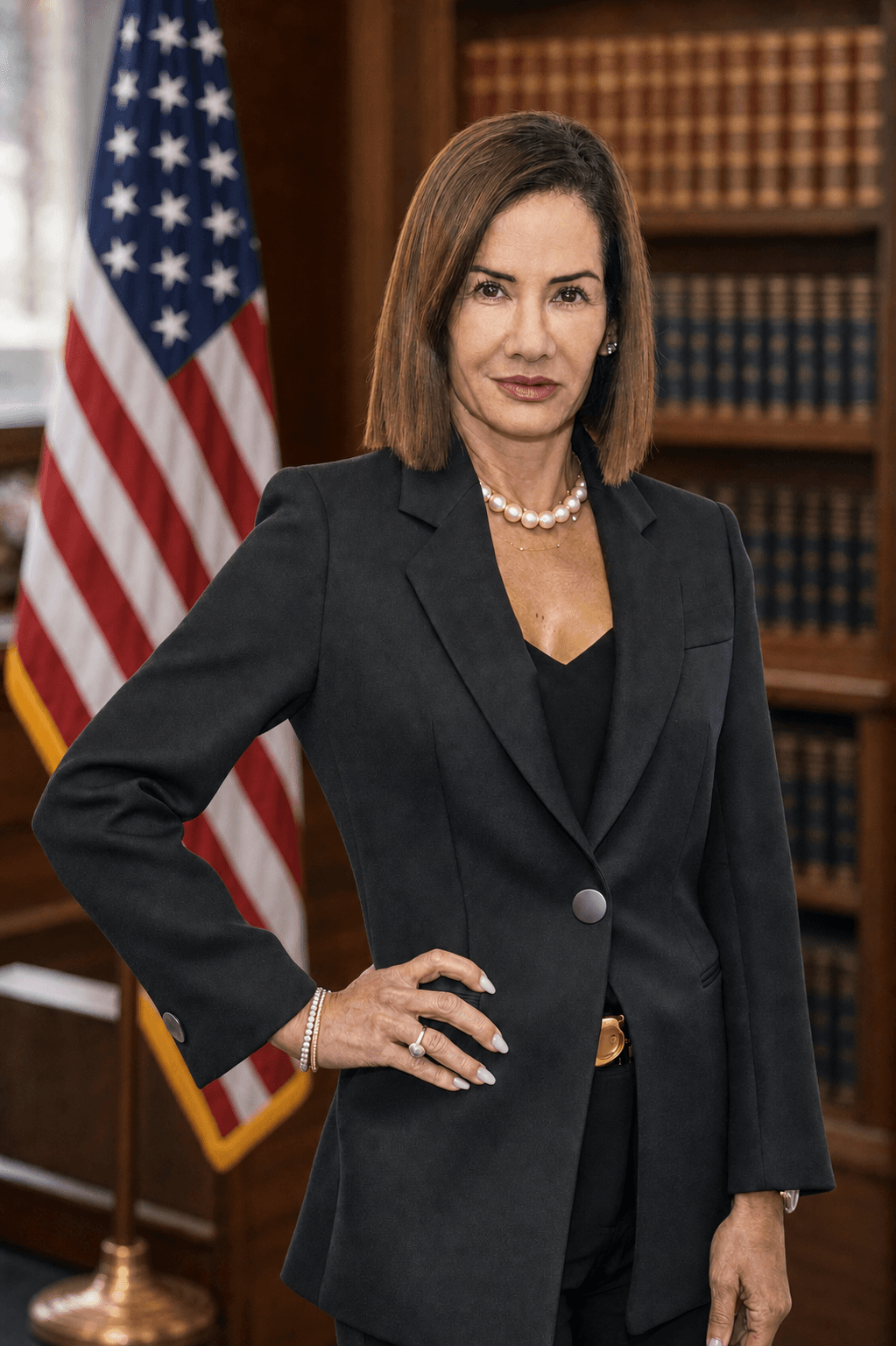 Valentina Coriat, Abogada - Socia de GMC Immigration Law Firm junto a la bandera de Estados Unidos